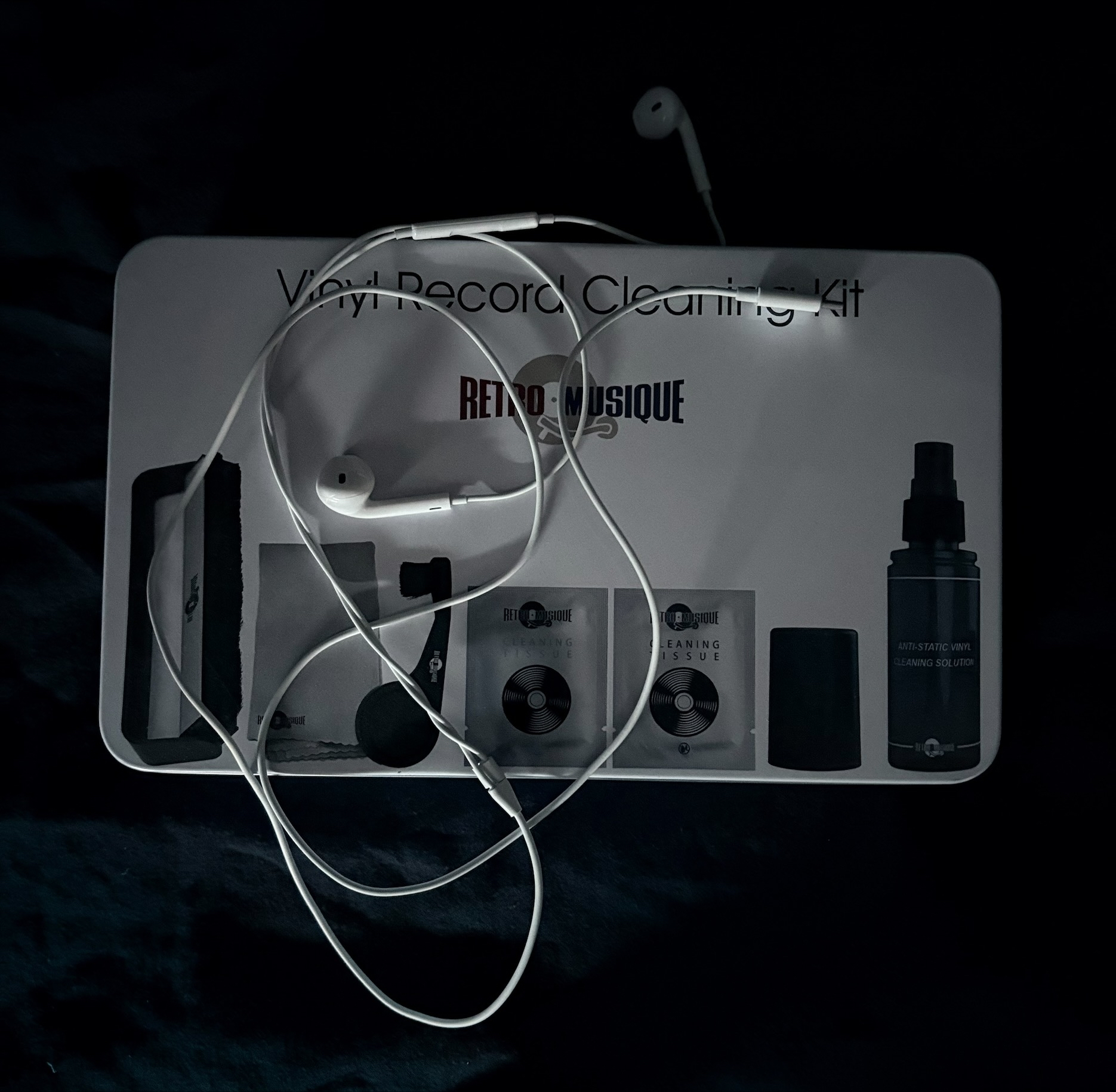 Wire headphones and old Vinyl Record Cleaning Kit My own picture