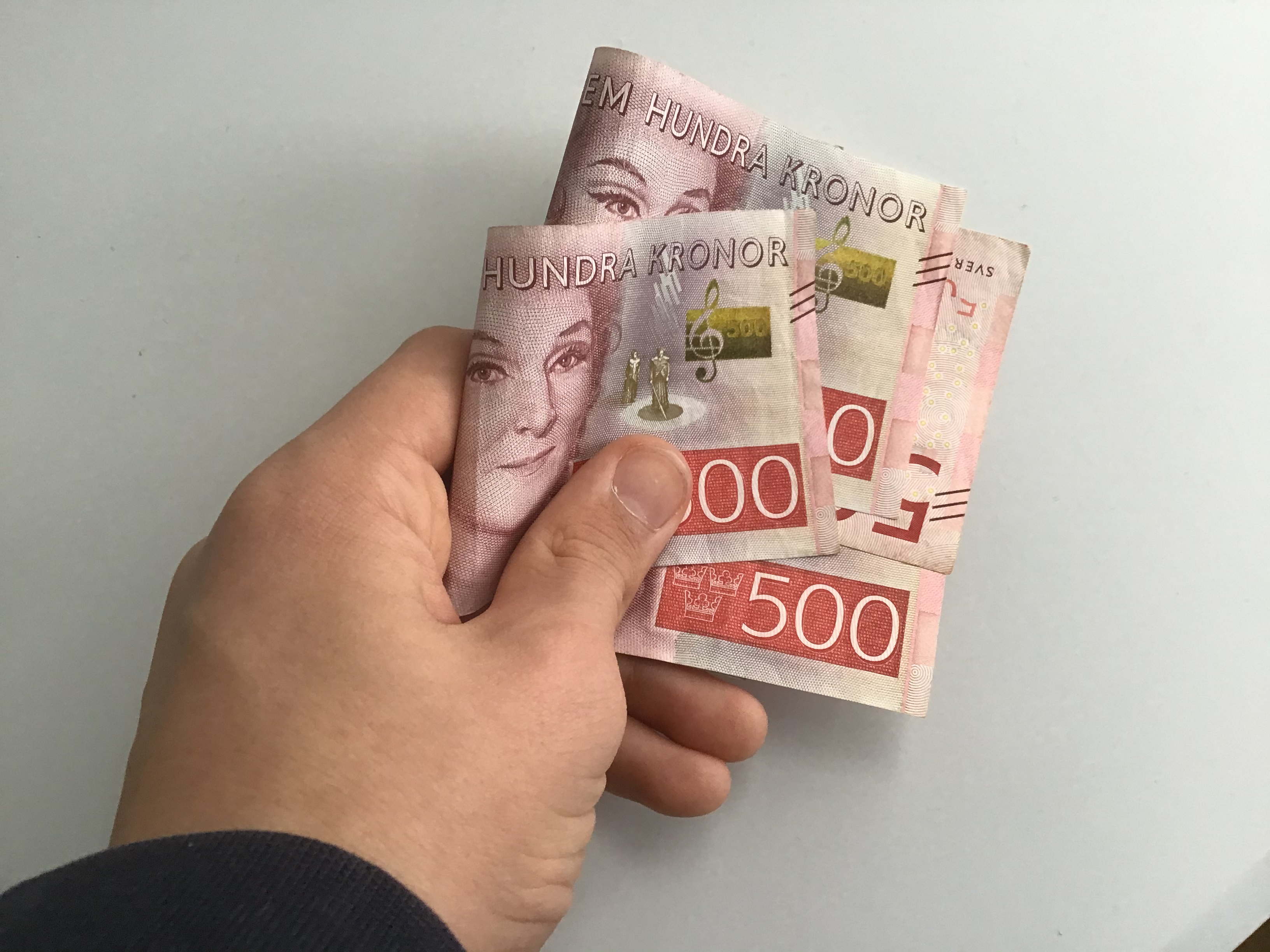 Bilden visar en en hand som håller pengar som representerar barnbidraget som barnet kan få. Foto: William Loo