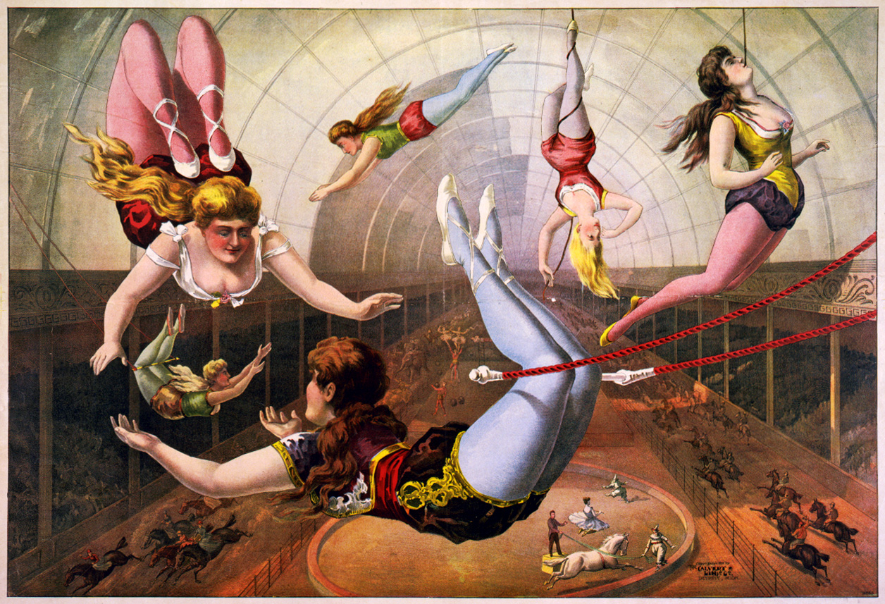Female trapeze acrobats at circus, ca. 1890 This picture is in the public domain