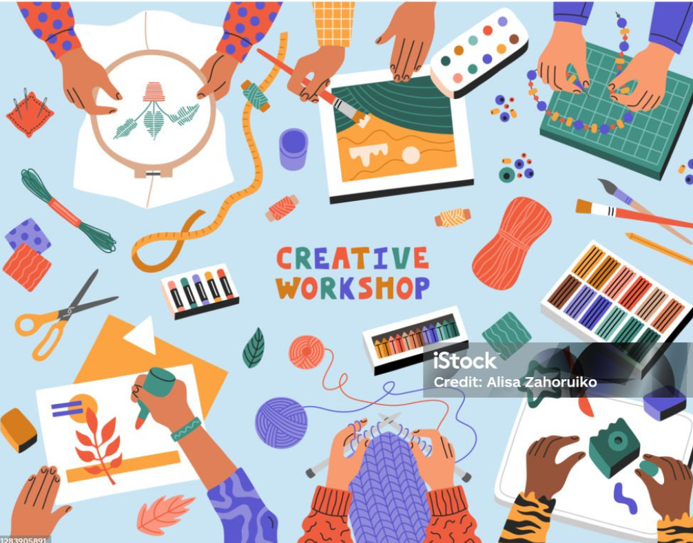 Atelier d’art créatif, enfants coupant du papier, dessin, tricot Alisa Zahoruiko