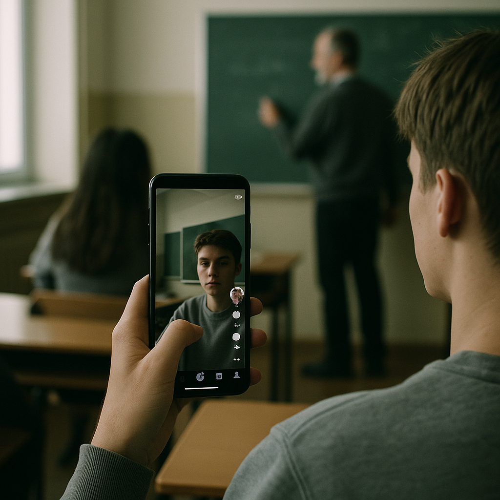În această imagine este surprins un elev în timp ce își face un selfie în clasă, în timpul unei lecții. Imagine generată de AI, creată de Chat GPT