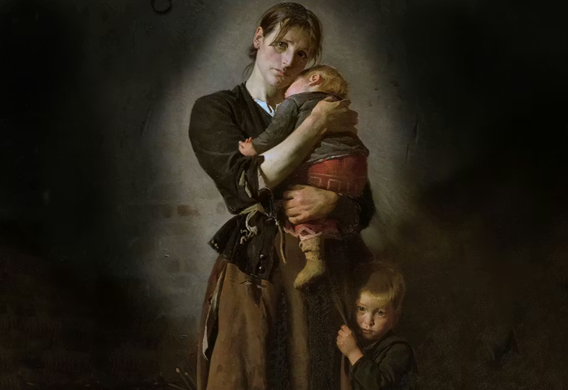 En ensam mor med sina två barn. Bilden speglar hur livet kunde se ut för ogifta mödrar och barn under 1800-talet. Bildkälla: Frants Henningsen / Aarhus Kunstmuseum.